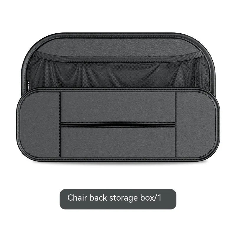 Black leather car seat back storage bag with customisable compartments measuring 36cm wide