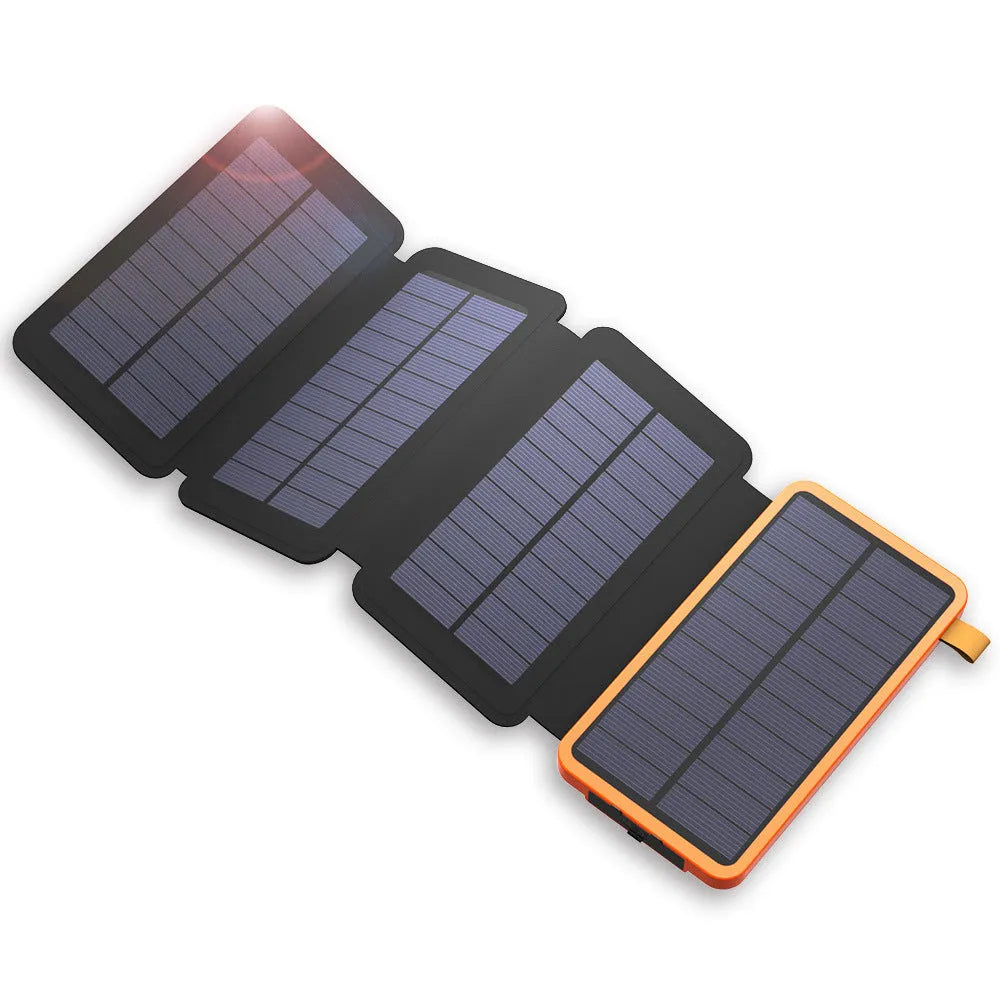 Outdoor solar power bank in black with solar panel, LED light, and soft leather exterior.