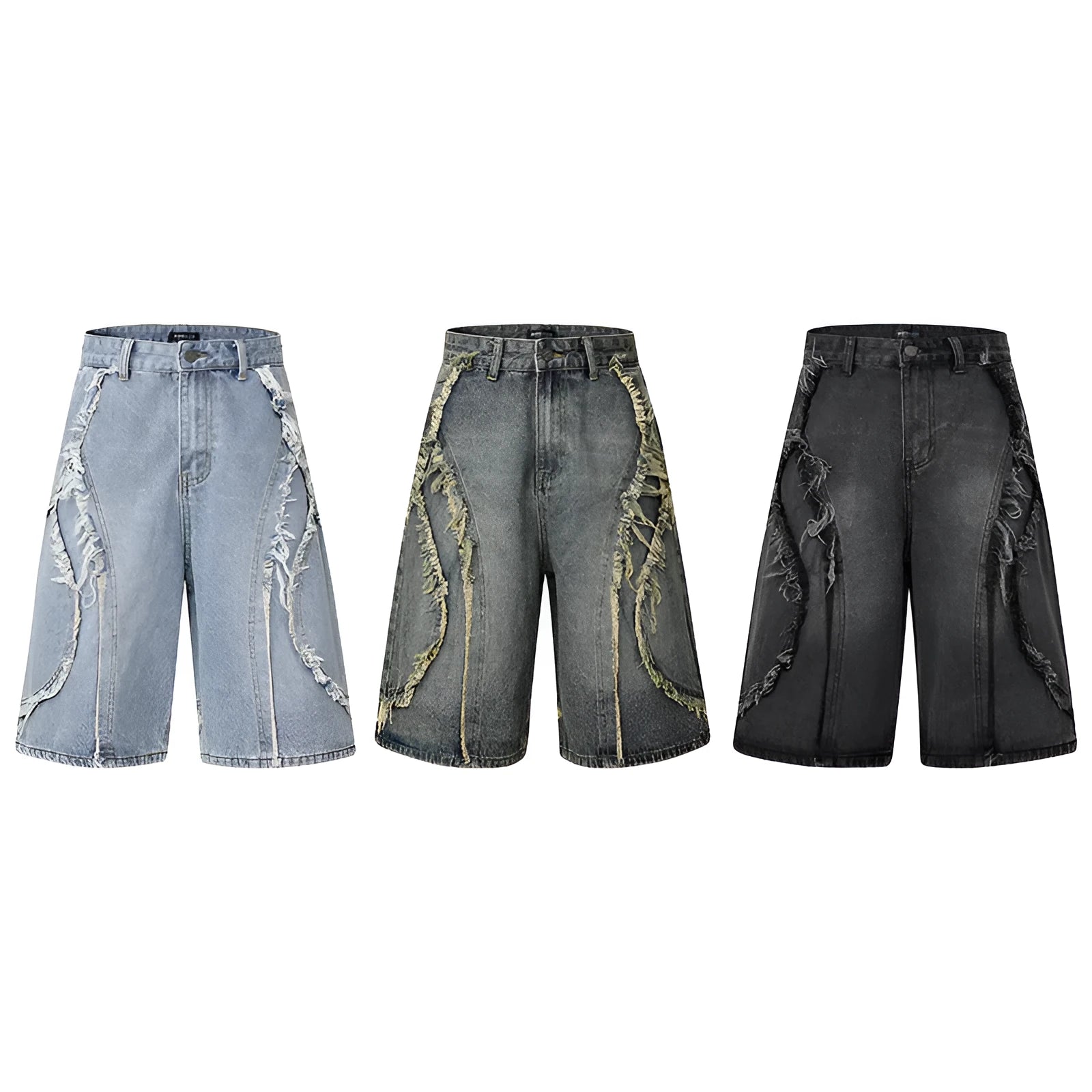 Distressed raw edge denim shorts in straight leg cropped fit.