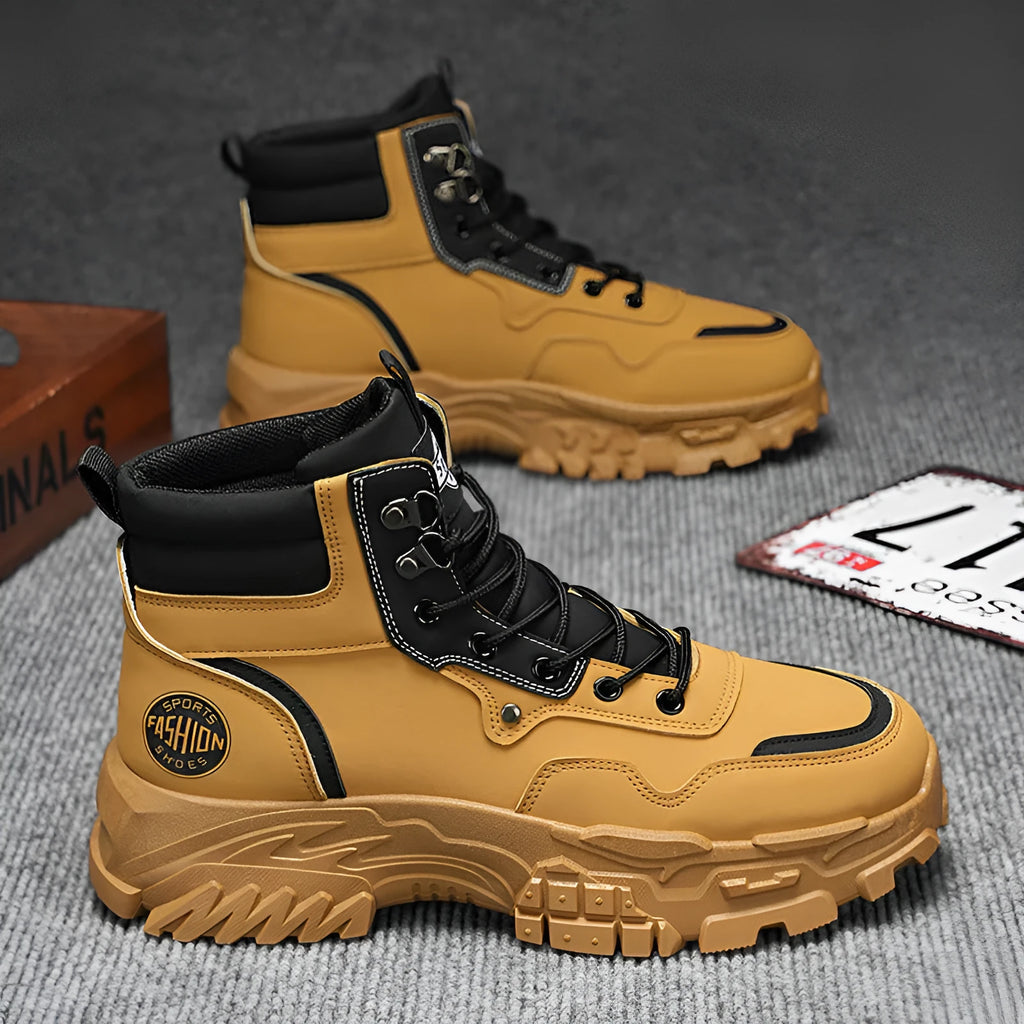 Men's black and yellow Martin work boots with a mid heel and high-top design