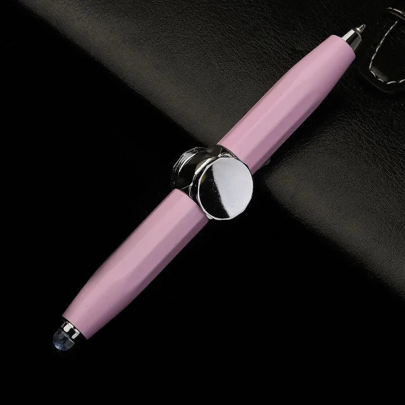 Metal ballpoint pen with integrated LED gyro spinner showing colour-changing lights during spinning