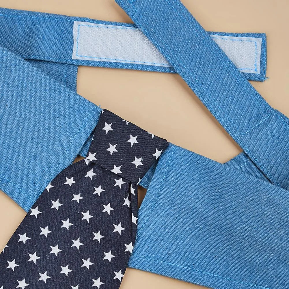 Adjustable denim dog collar with a star pattern necktie, shown in sizes S, M, and L.