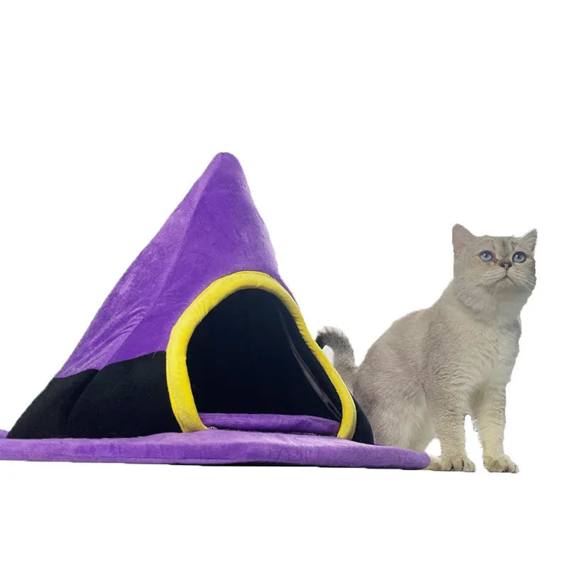 Purple Halloween witch hat shaped cat nest bed measuring 60x45cm with cloth fabric