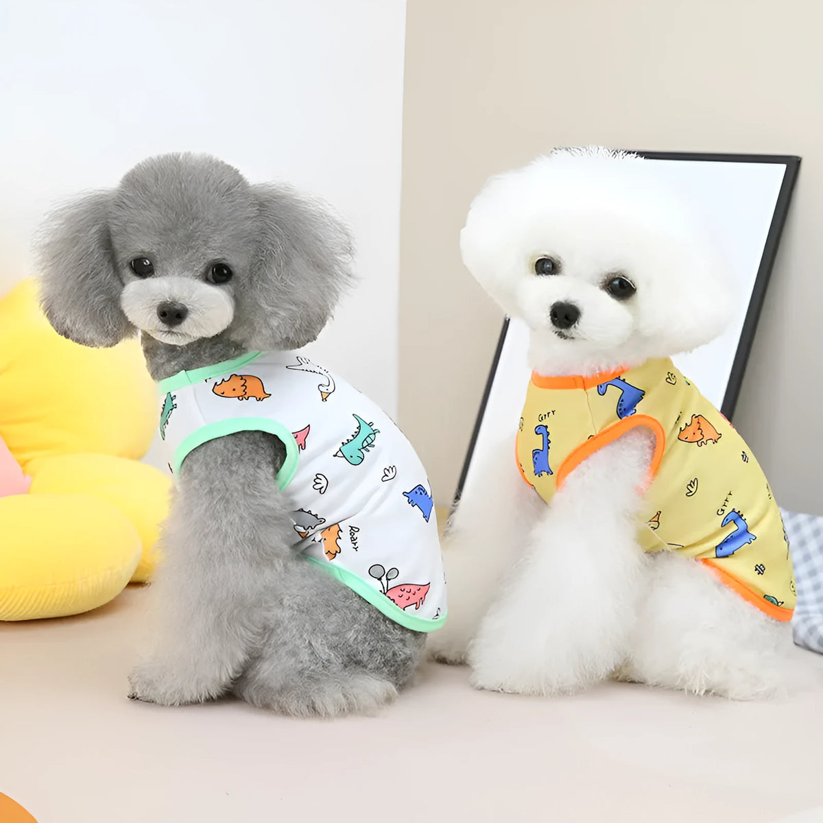Pet clothing for dogs and cats in yellow, blue, or white, sizes S to XXL, 25% cotton 75% polyester casual spring summer outfit.
