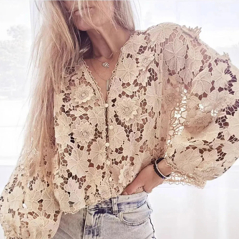 Lace cardigan with three-dimensional floral decoration and V-neck design