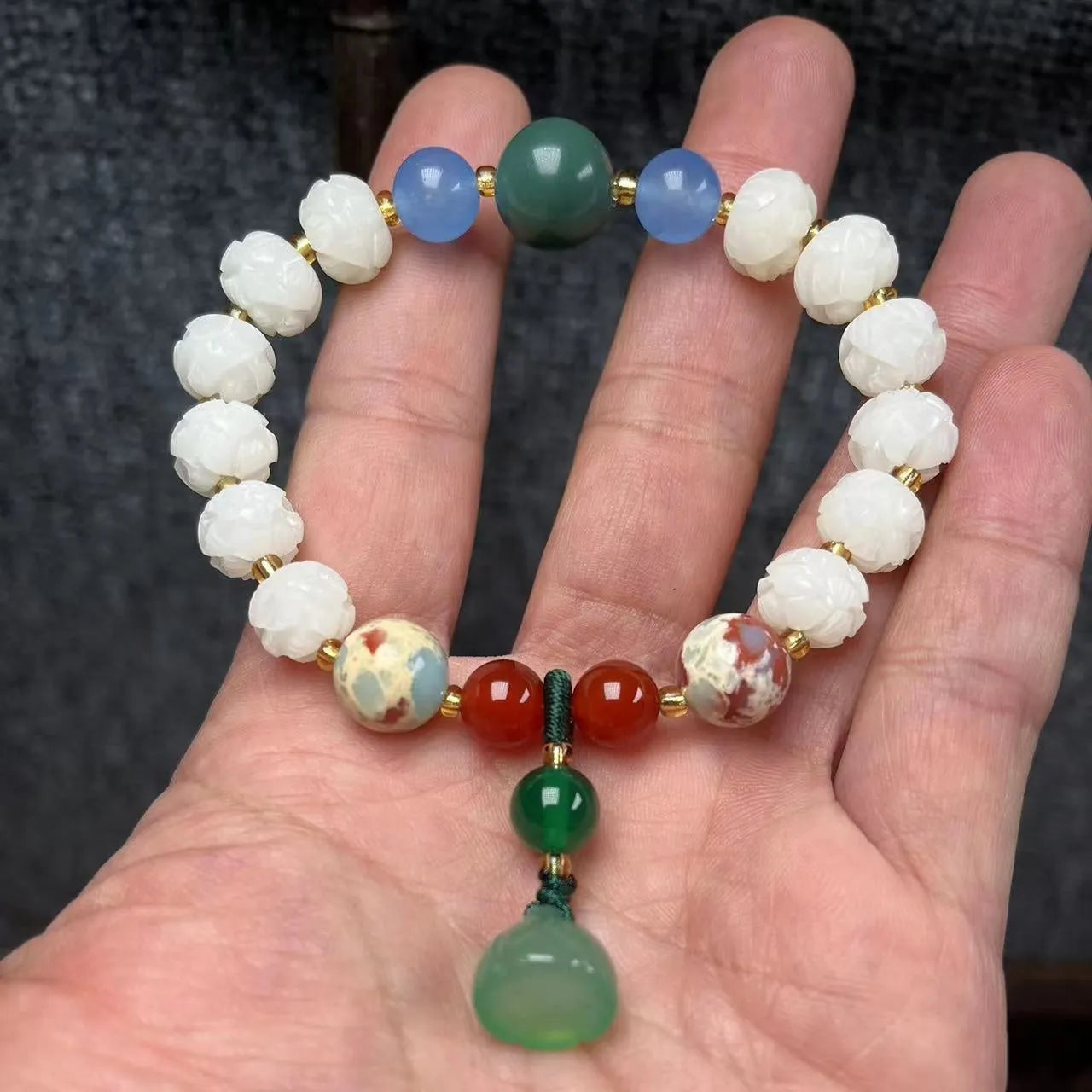 Carved bodhi root pumpkin lotus bracelet with white jade beads and mixed sizing