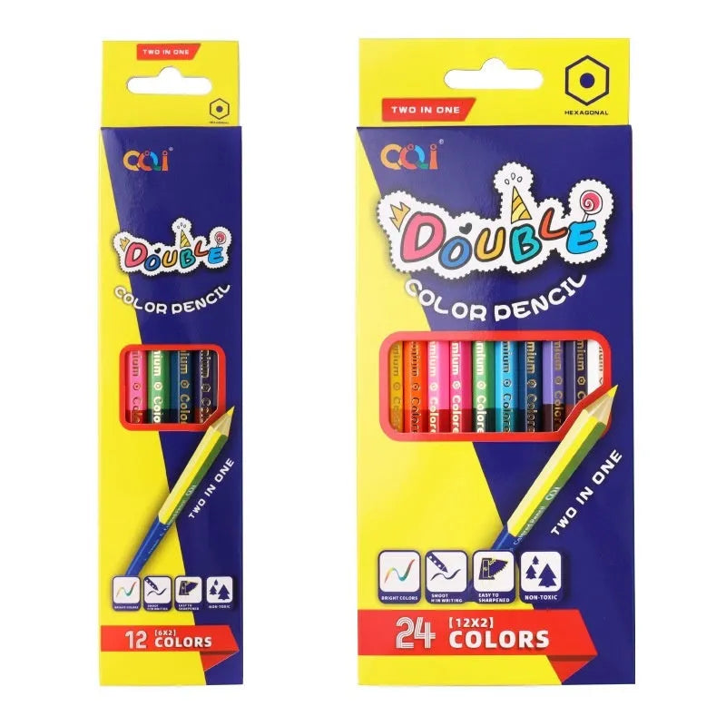Set of wooden colouring pencils in a pack, showing options for 12 or 24 colours.