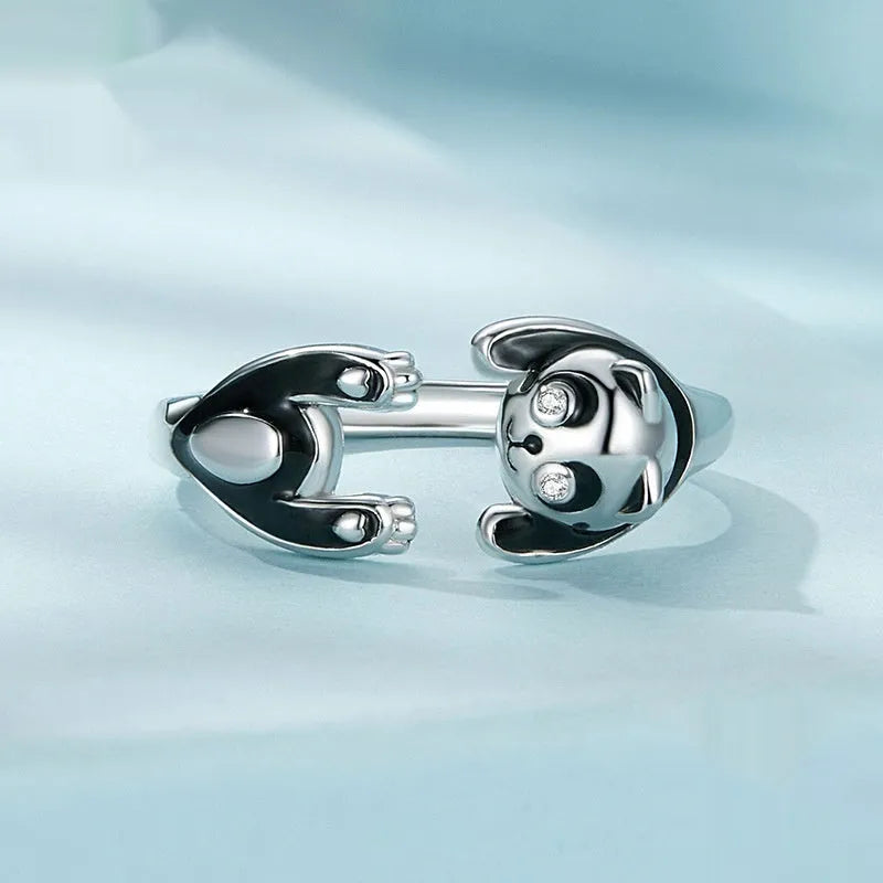Adjustable panda open ring bracelet in sterling silver with white gold plating showing SCR969-E colour