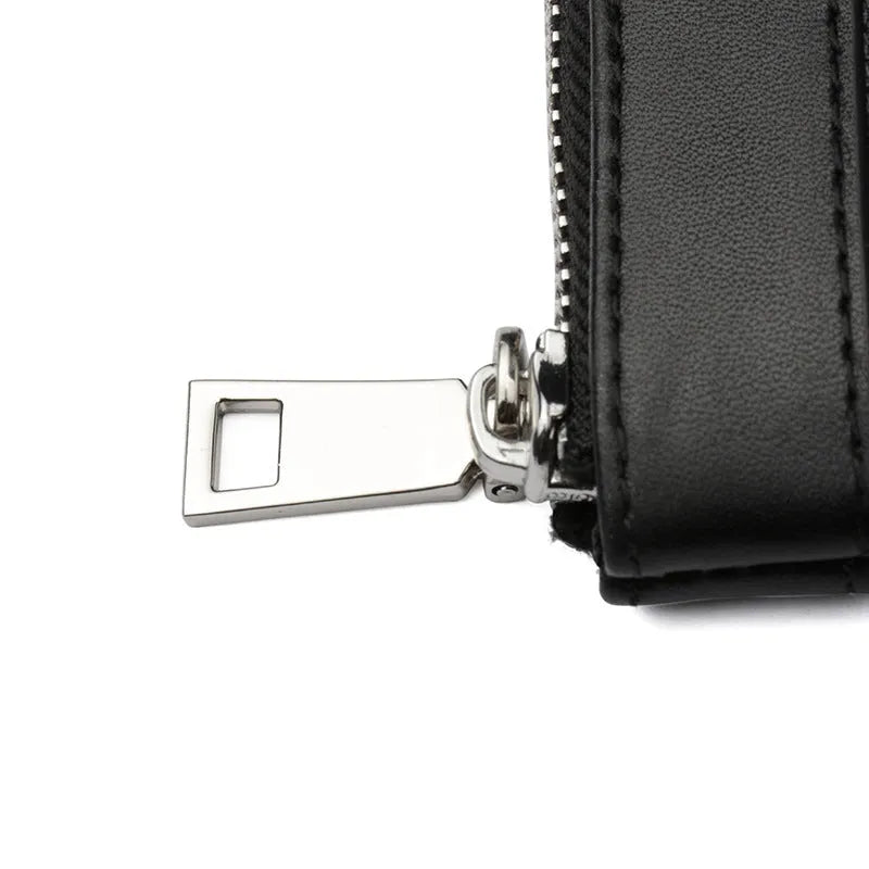 Black men's leather plaid clutch wallet showing genuine cowhide texture and 20x10cm dimensions
