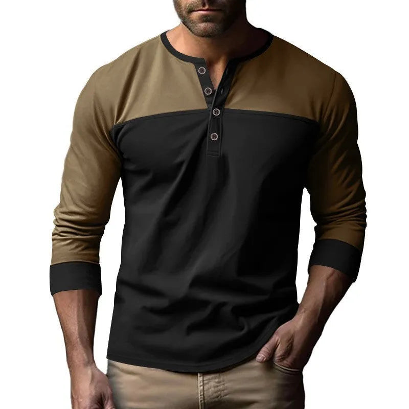 Men's long sleeve T-shirt with Henry collar in beaded twill fabric