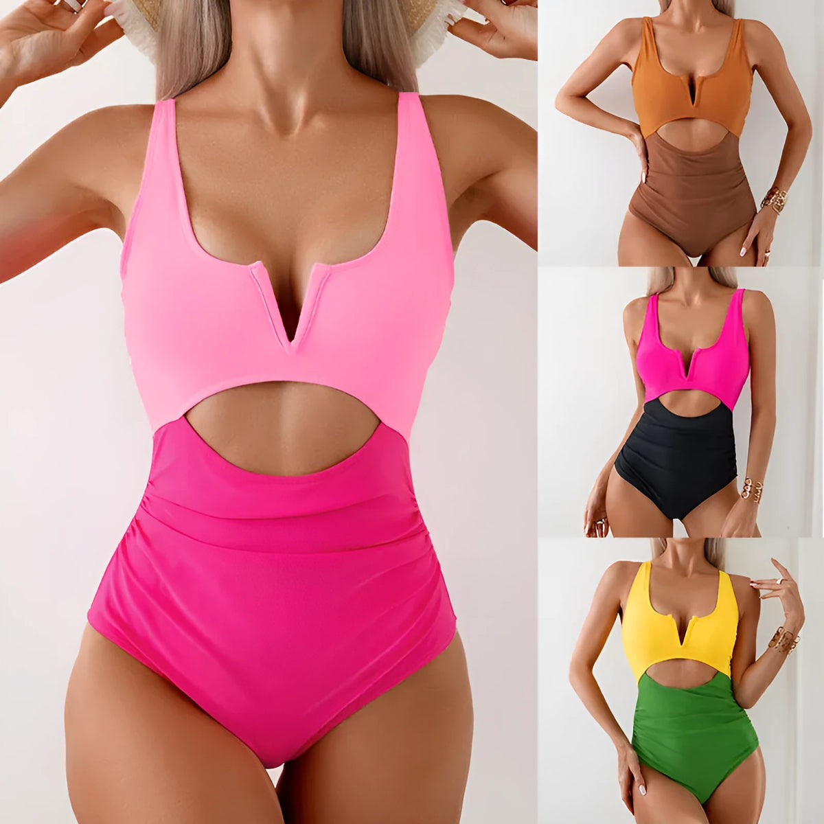 Women's contrast colour block one-piece swimsuit in nylon fabric showing colour options and design