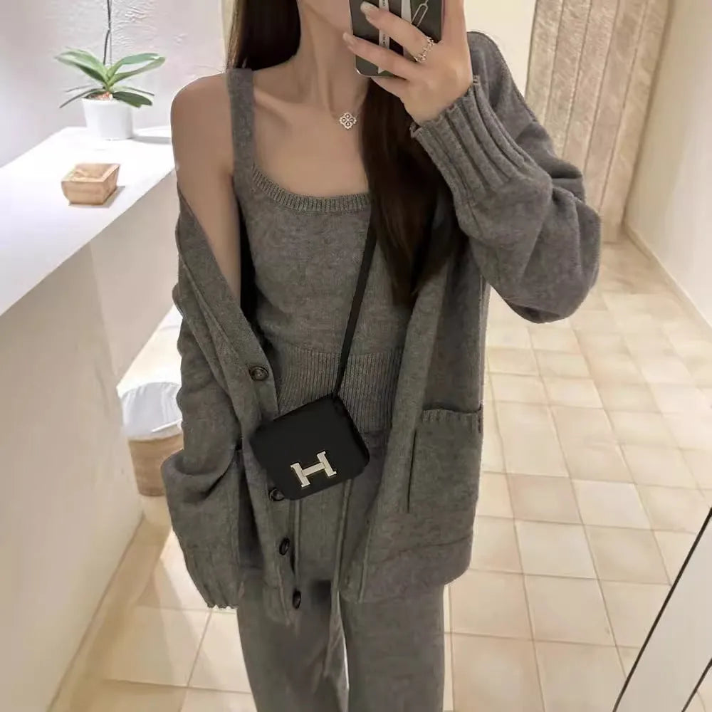 Women's wool blend knit cardigan three-piece set with suspender casual pants in loose fit Japanese Korean style