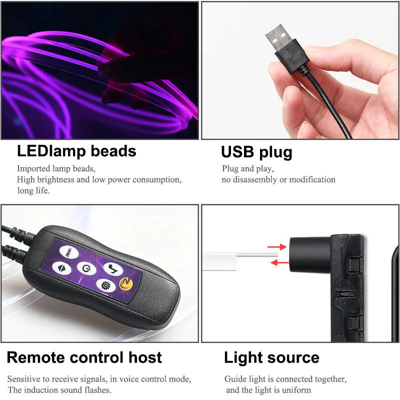 Flexible car LED ambient light kit with USB connector for dashboard installation