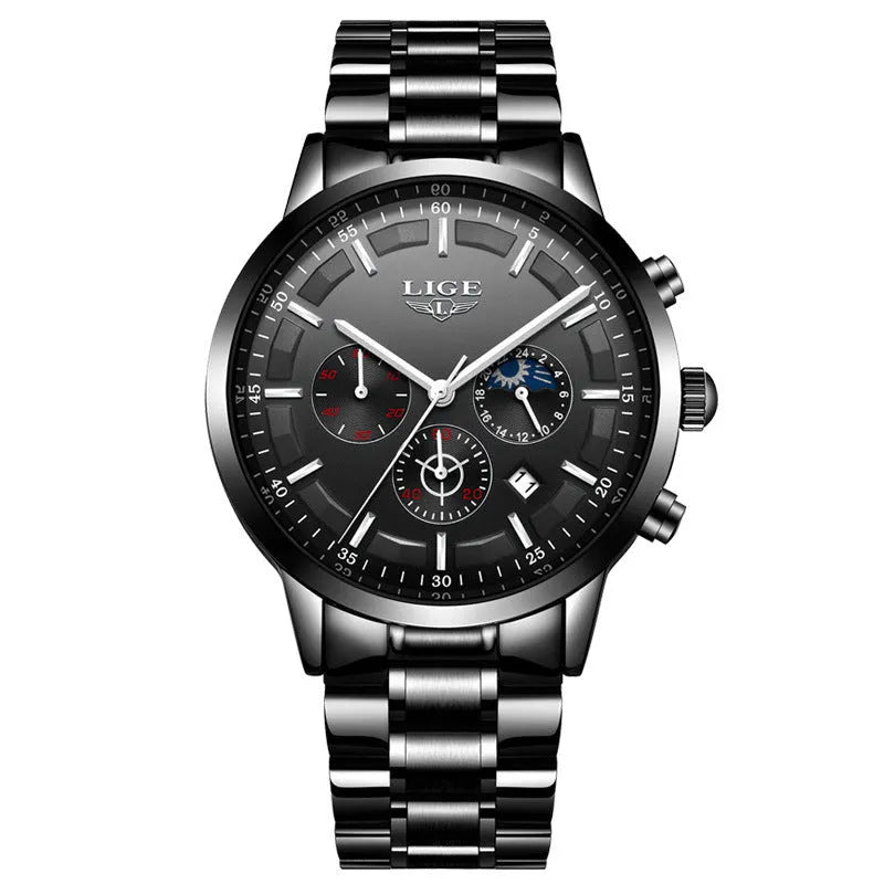 Men's waterproof quartz sports watch in black and rose red gold colour on wrist