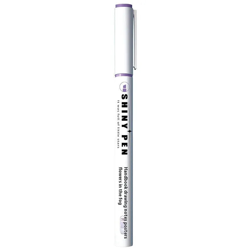 Set of four glitter highlighter pens with slanted tips in six colours including taro puff and peach blossom puff.
