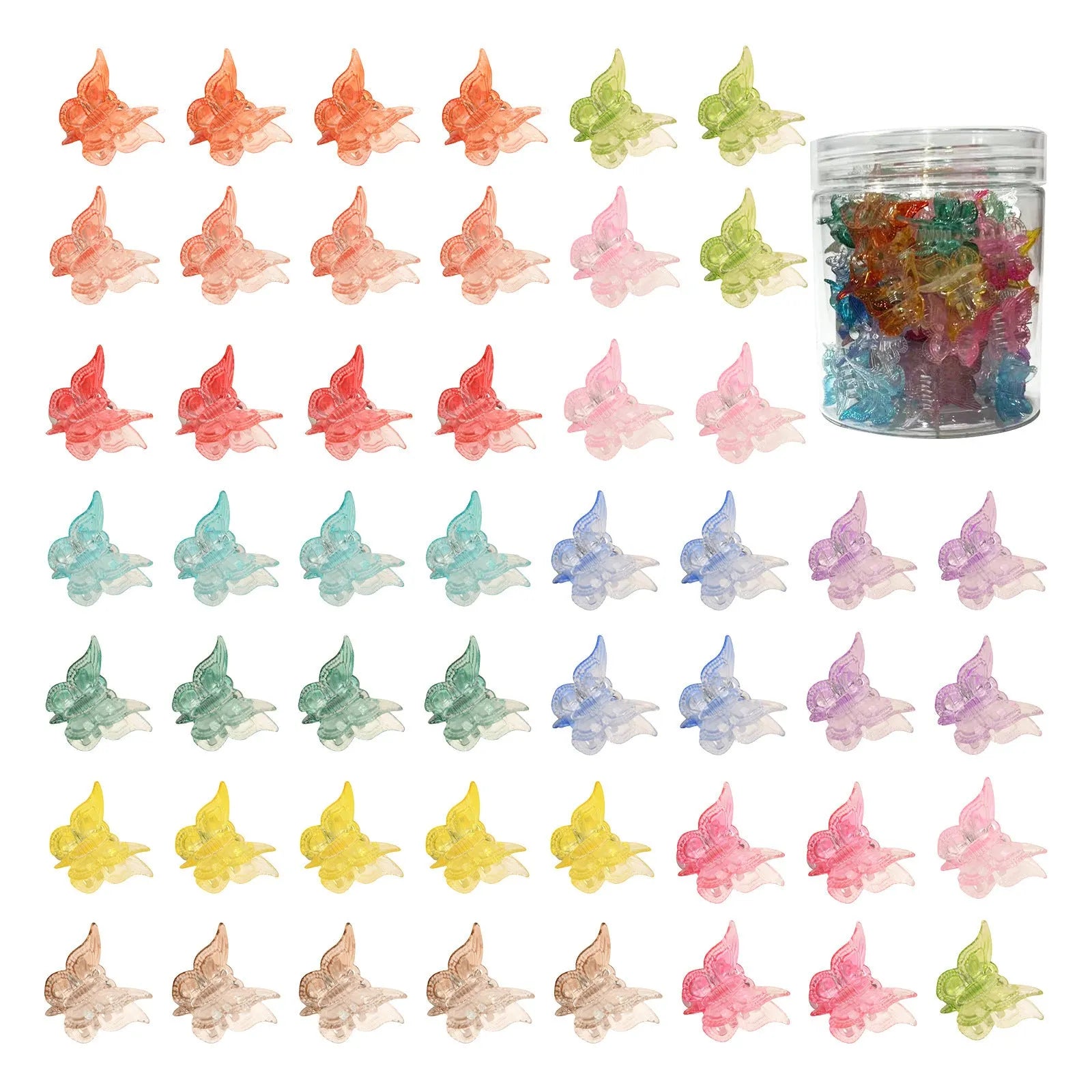 Set of 50 glitter mini butterfly hair claw clips in assorted colours on white background