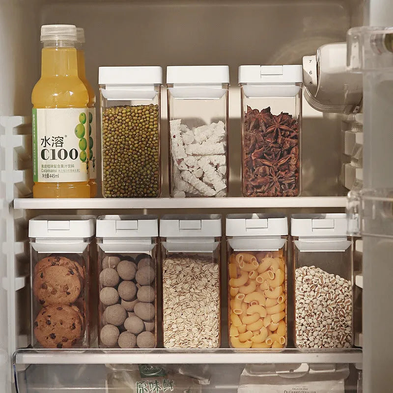 Transparent plastic food storage container with white lid for grains, showing 400ml capacity and clean Japanese design.