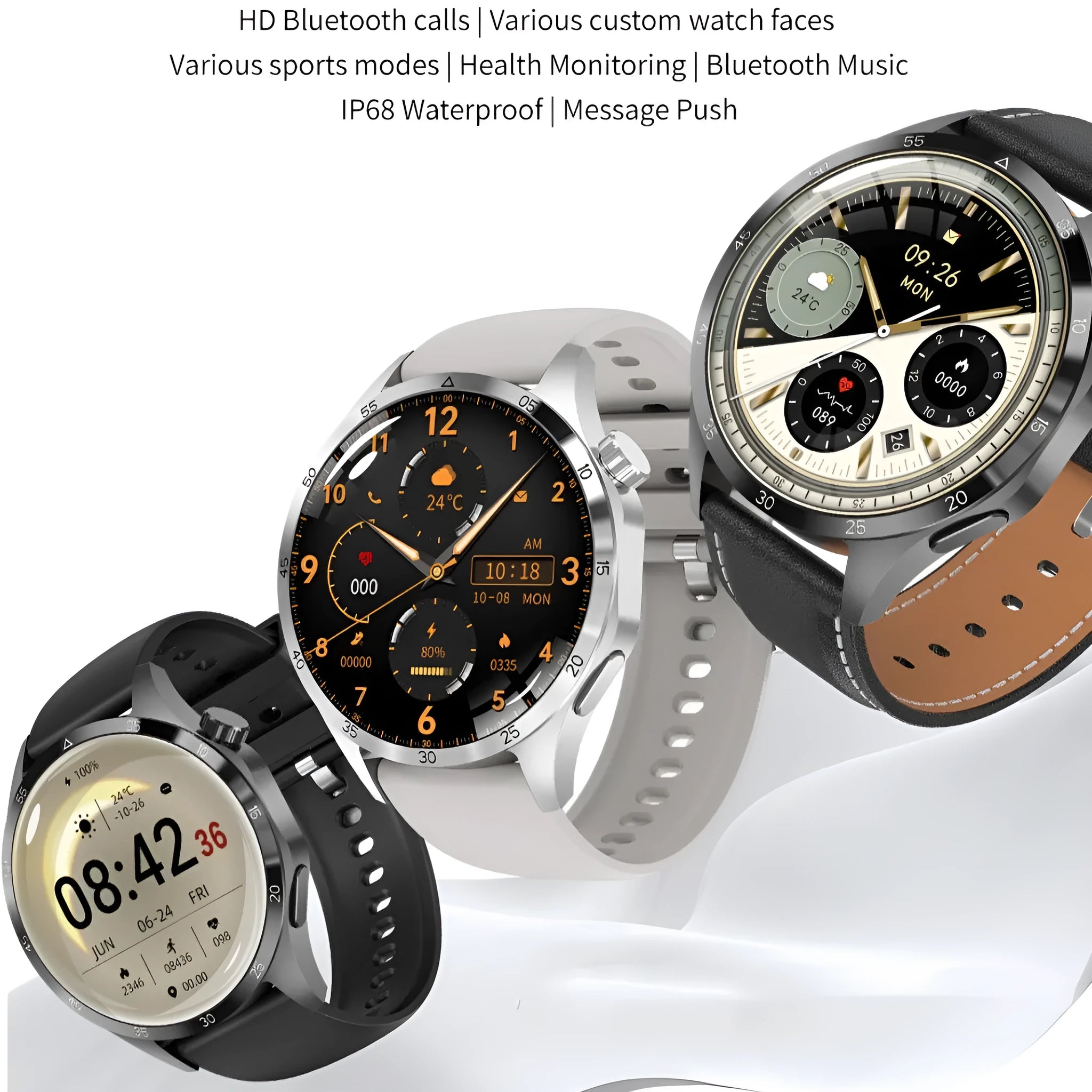 Black Bluetooth smartwatch with TFT touchscreen displaying health metrics and call functions