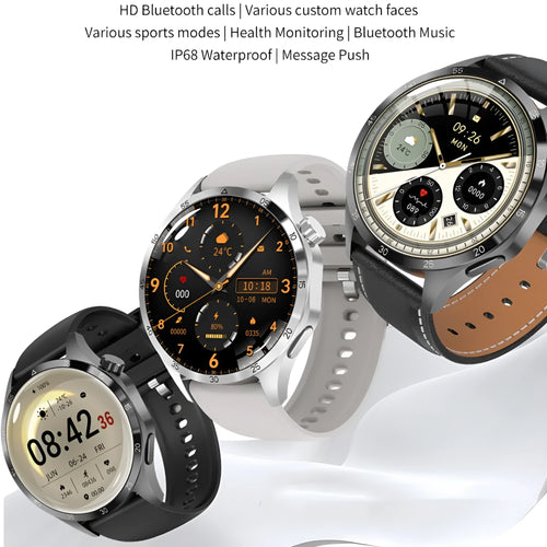 Black Bluetooth smartwatch with TFT touchscreen displaying health metrics and call functions