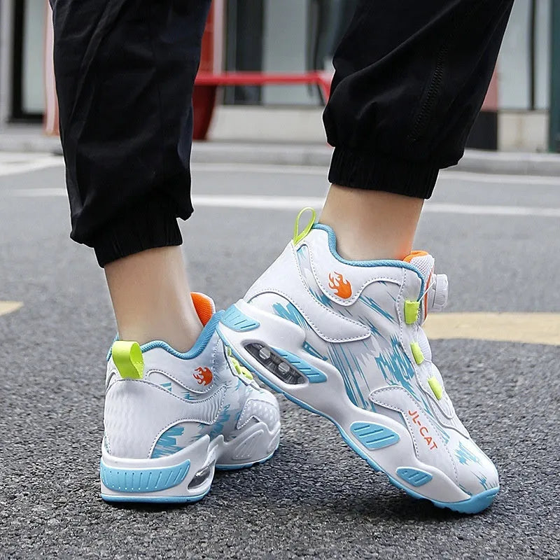 Kids rotating button running shoes in synthetic leather with waterproof lightweight design available in multiple colours and sizes 28-40