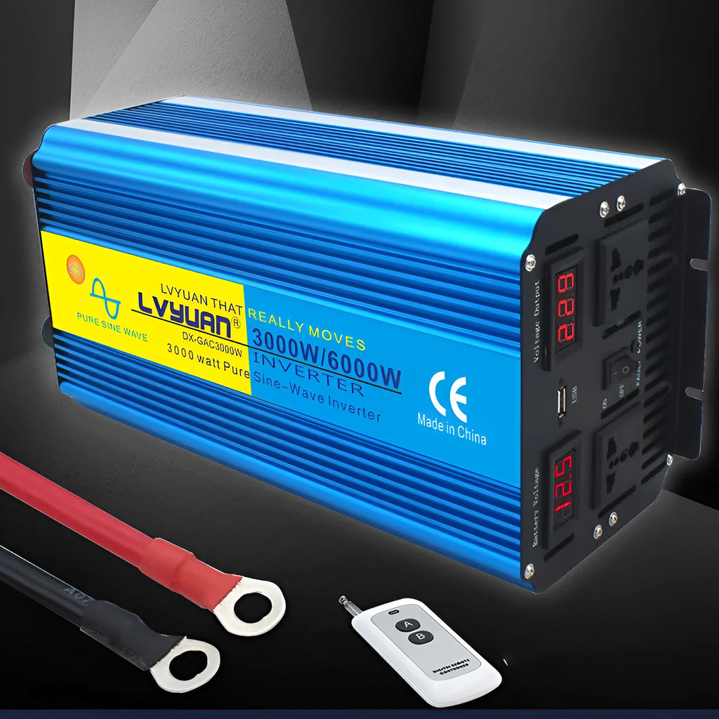 Blue 3000W pure sine wave power inverter with digital display and UK plug socket