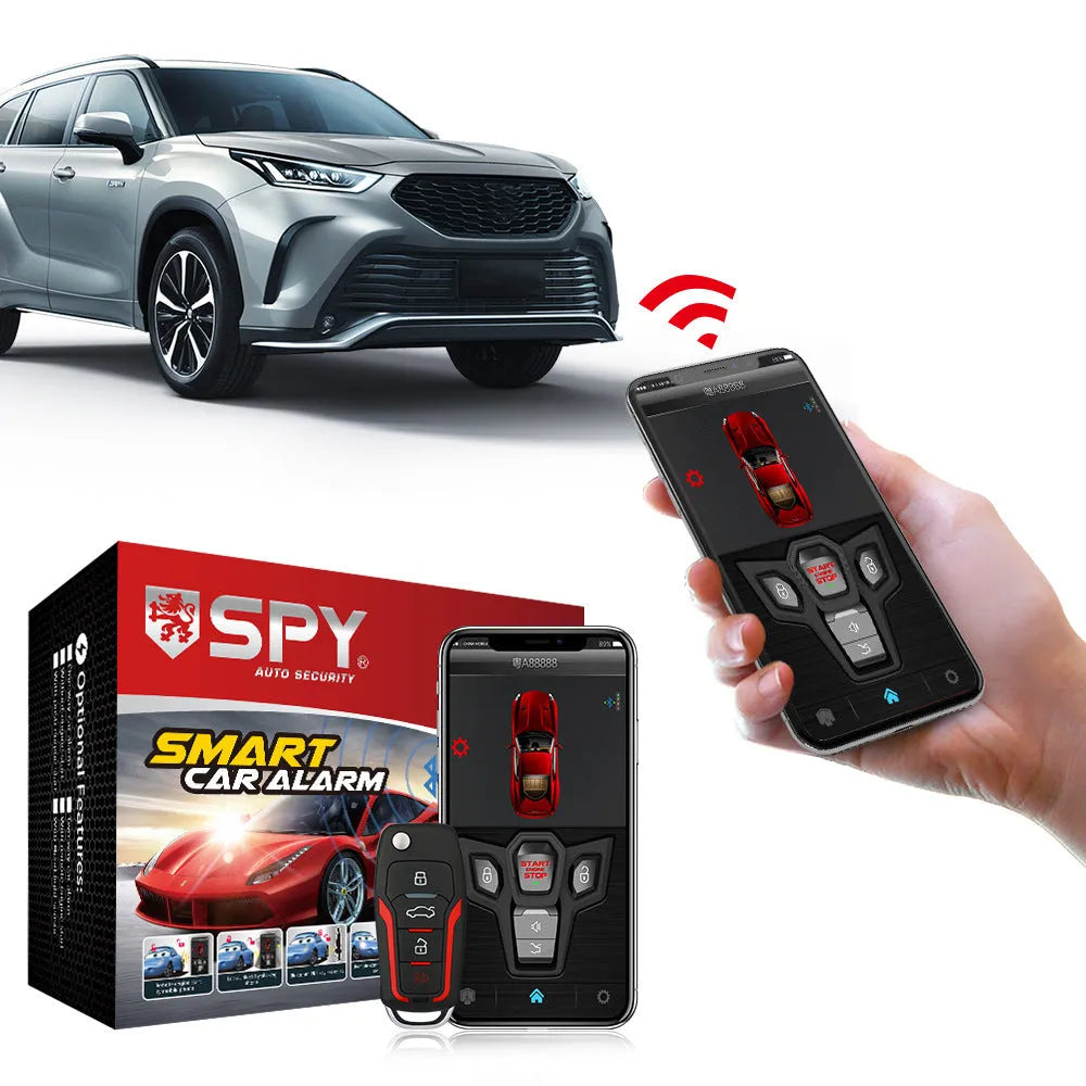 Red and frosted black one-way remote control car alarm with two remotes for vehicle security.