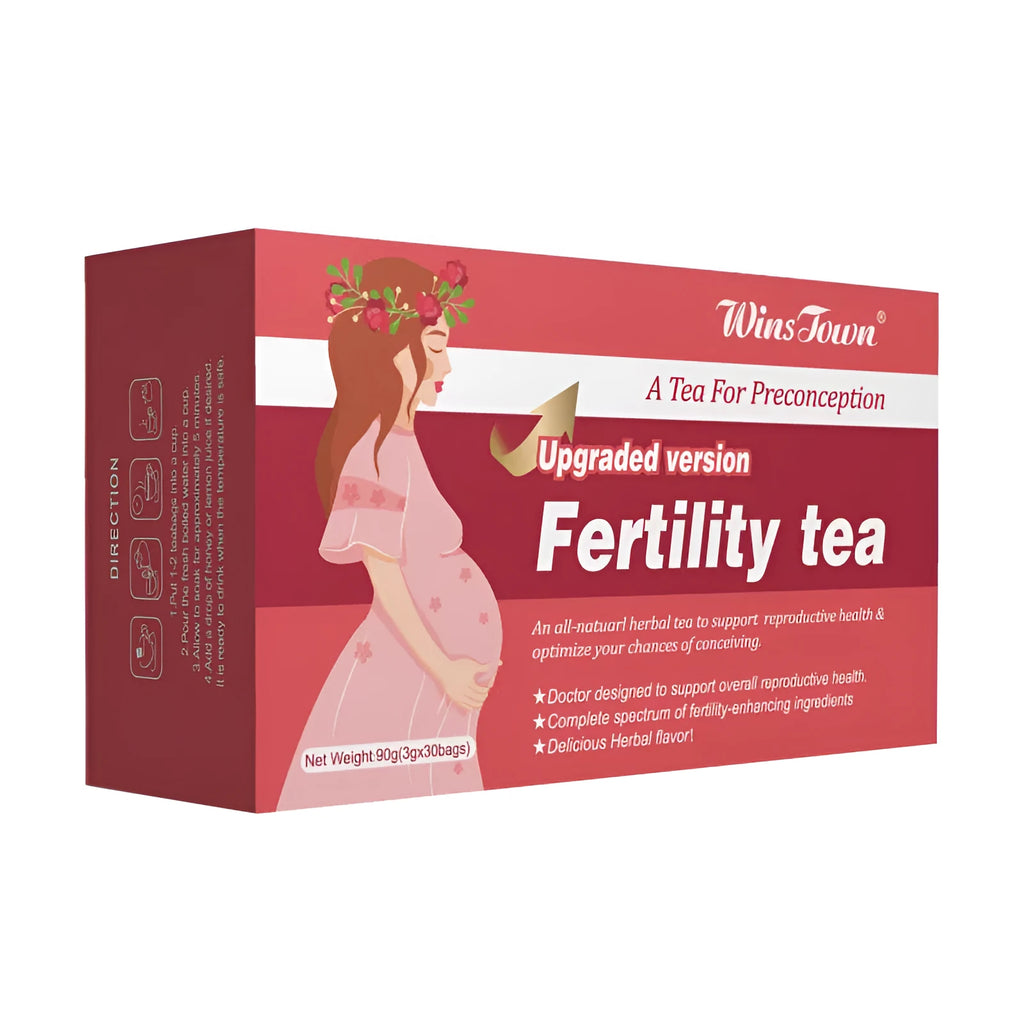 A box of fertility tea containing 30 individual herbal tea bags for preconception support.