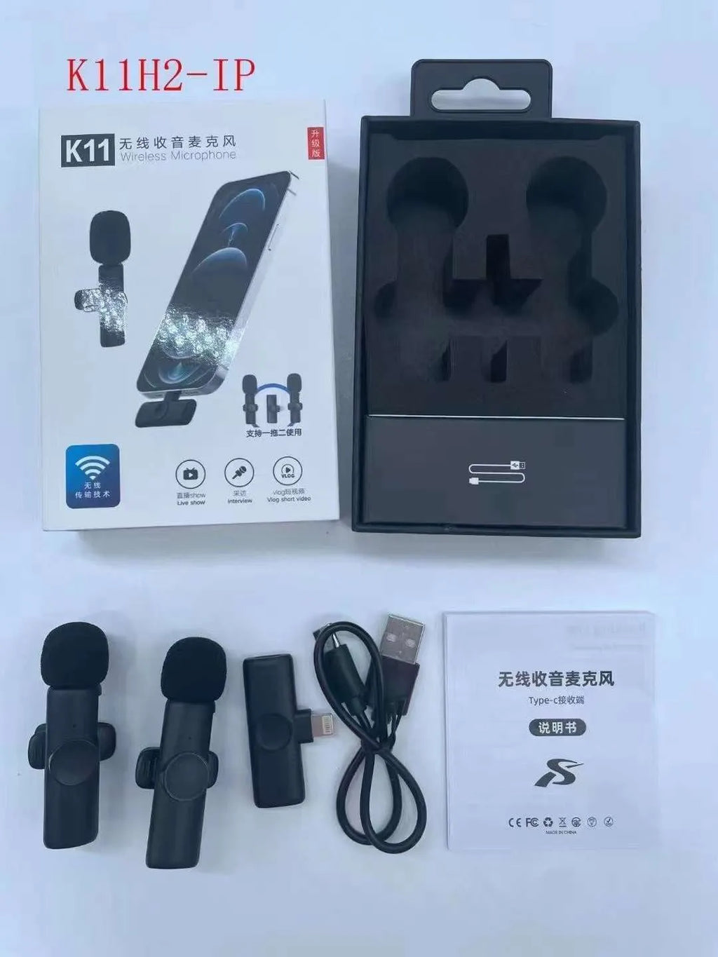 Wireless lapel microphone with clothing clip for smartphone video recording.
