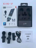 Wireless lapel microphone with clothing clip for smartphone video recording.