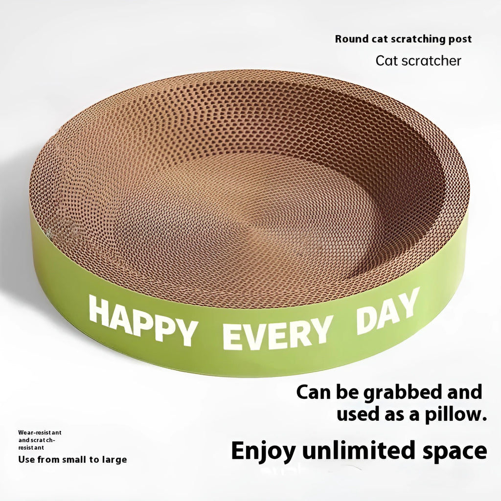 Green round cat scratching board nest with a 50 cm diameter, showing an enclosed bed design.