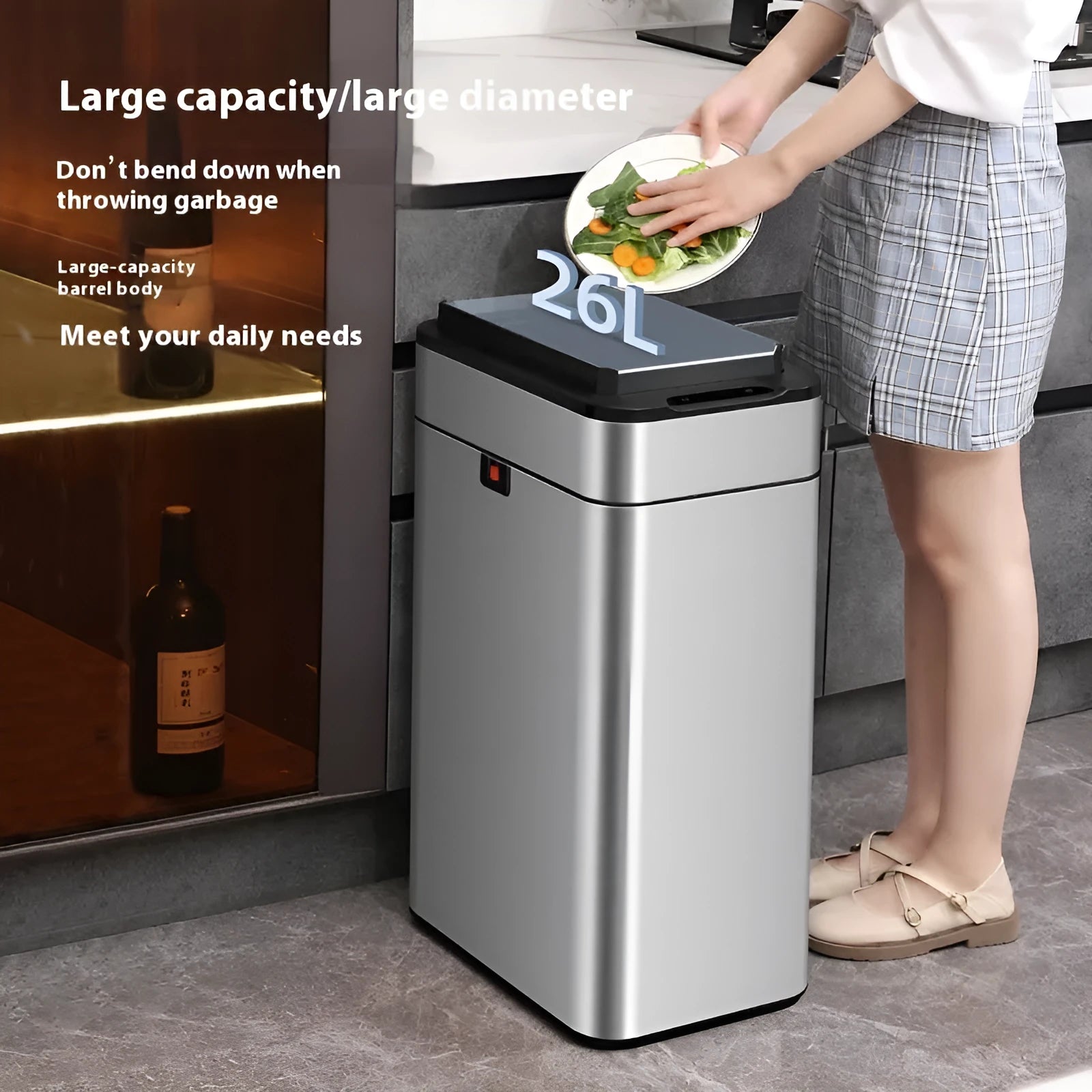 Stainless steel smart induction trash can with automatic lid and square bucket shape