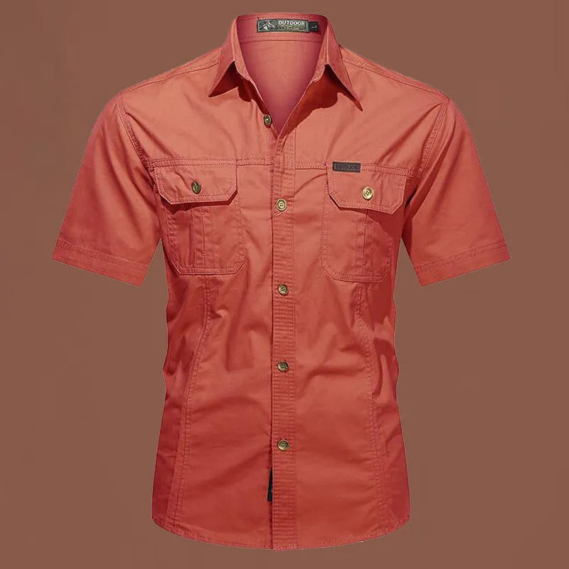 Men's army green cotton short sleeve work shirt with a cardigan style and loose fit.