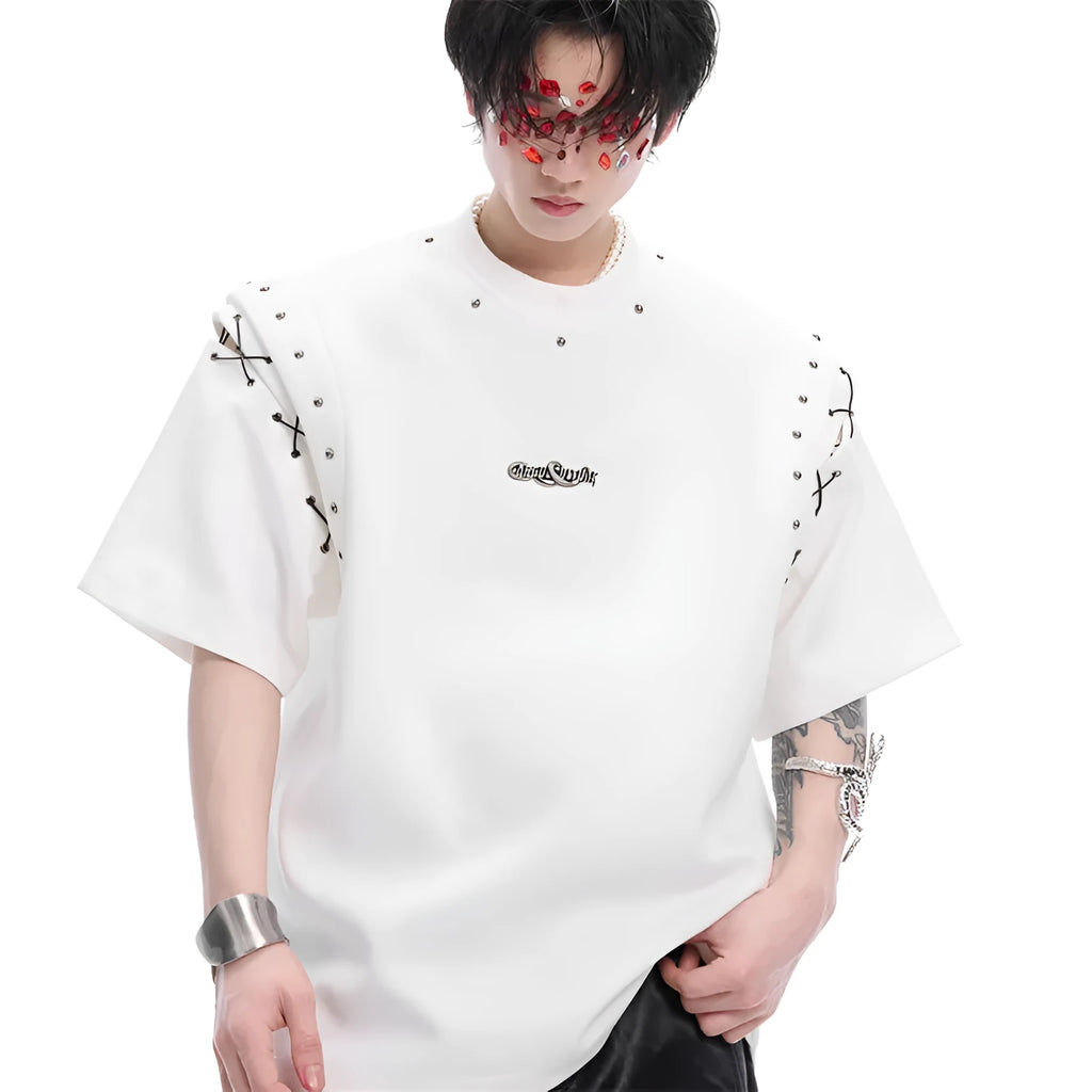 Black deconstructed short sleeve t-shirt with lace-up detail and a cutout design on a mannequin.