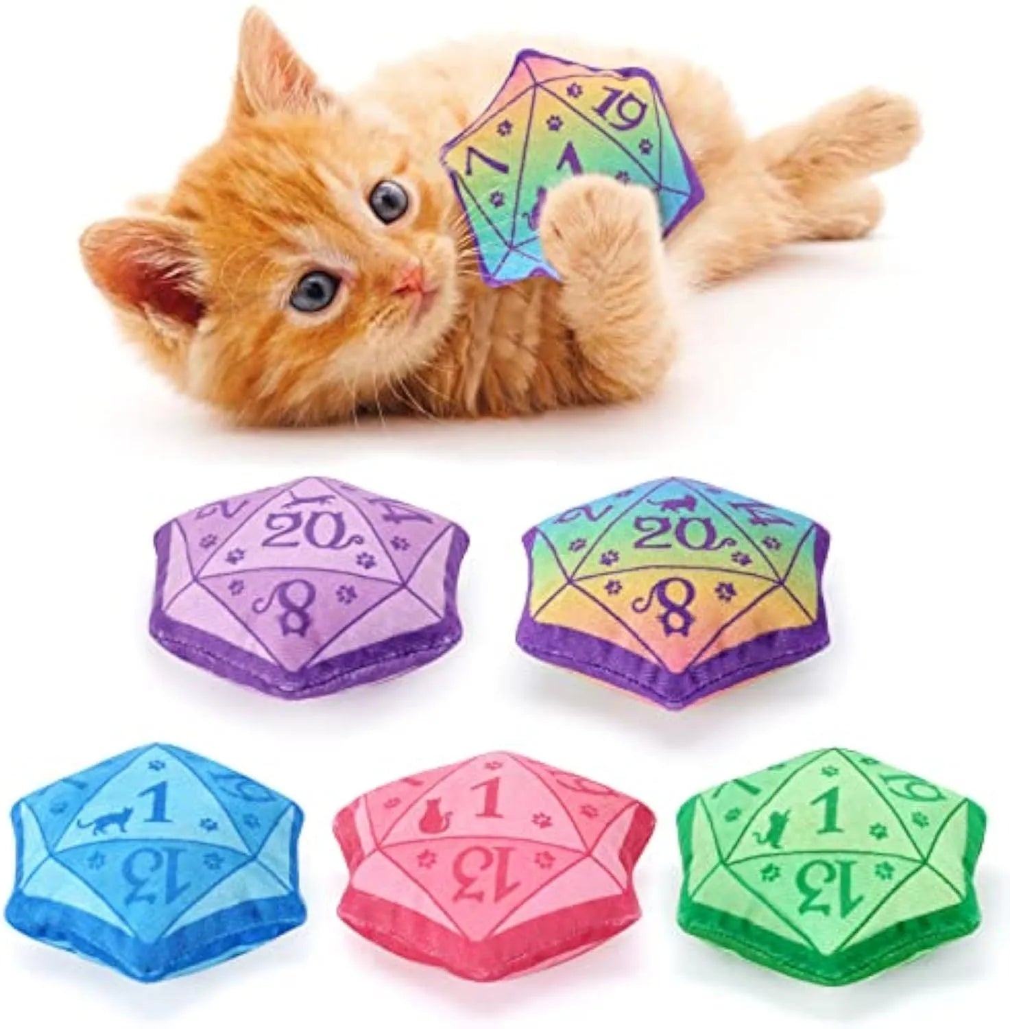 Blue dice-shaped plush cat toy with DND styling containing organic catnip for feline play