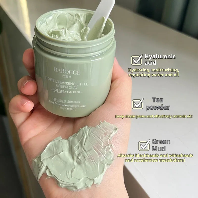 Pot of tea mud cleansing clay facial mask, 120g net weight.
