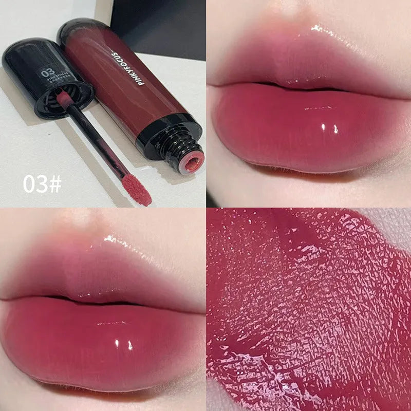 Black shiny Mirror Lip Lacquer tube with six swatches showing matte shades from tomato to sweet potato.