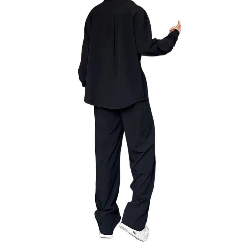 Men's black long sleeve polo shirt and trousers two-piece casual suit set on hanger