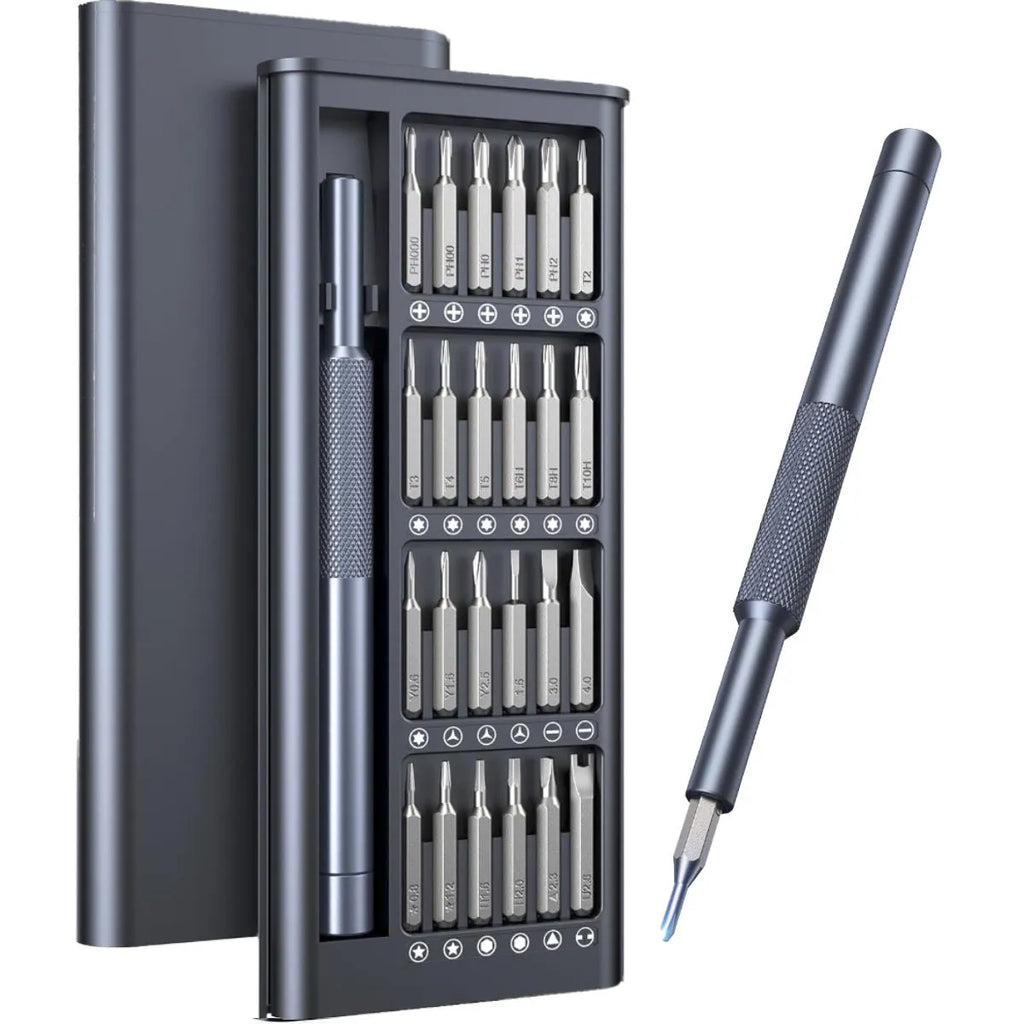 Compact 25-in-one magnetic screwdriver set with knurled handle and bits stored inside.