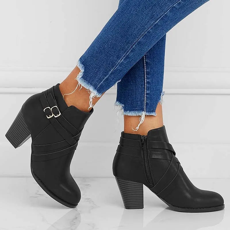 Grey PU leather short boots with a side zipper, belt buckle, and a 7cm thick rubber heel.