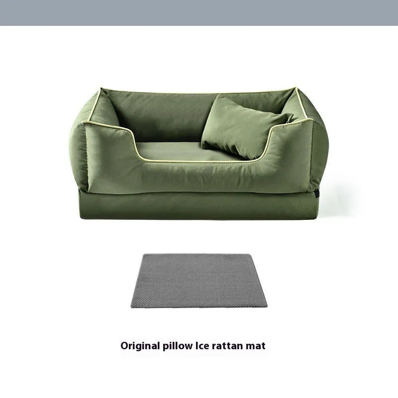 Waterproof dog kennel with a removable dark green, auburnumber, or rock ash sponge liner, shown in various sizes.