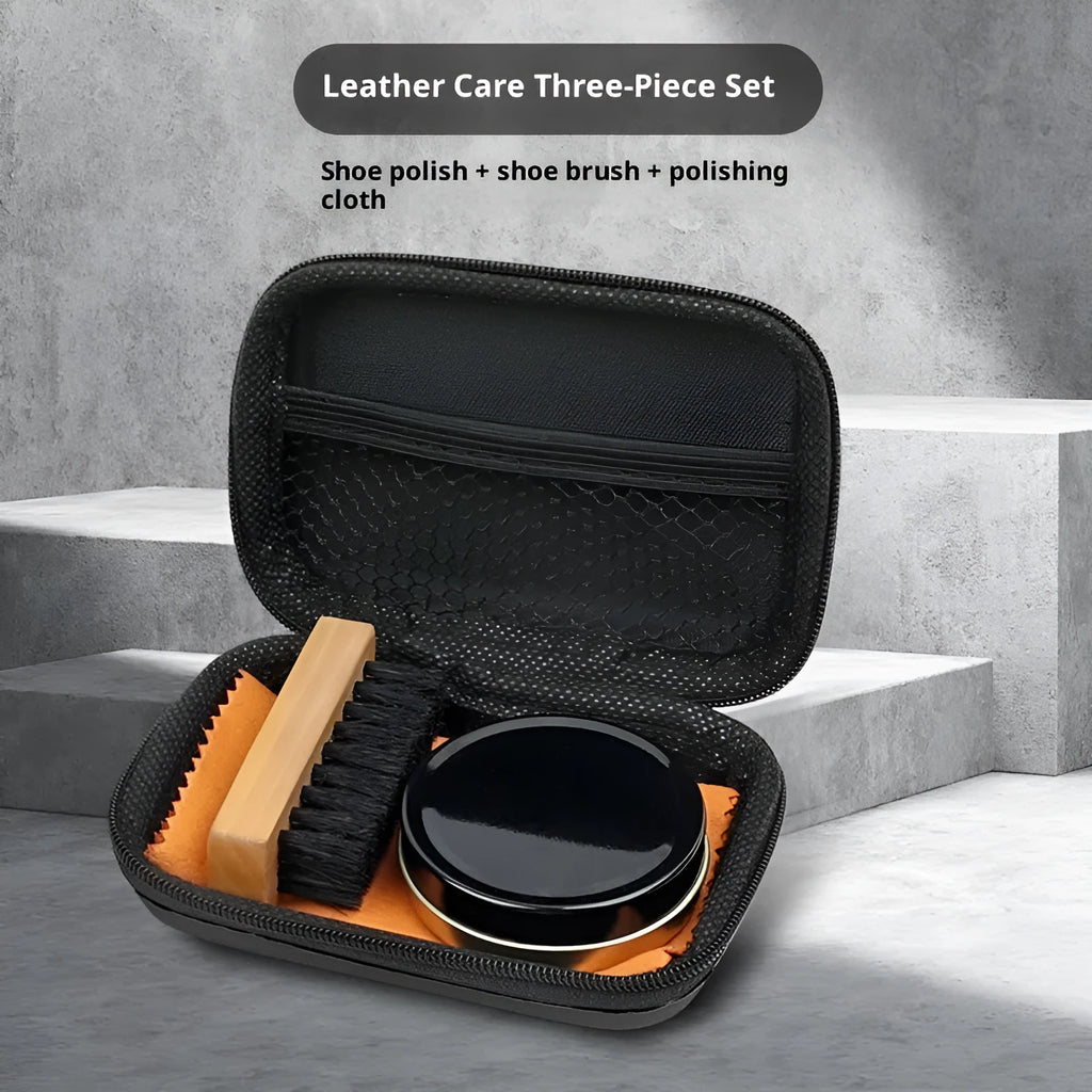 Leather shoe care set with black or colourless maintenance oil, shoe brush, and black bag
