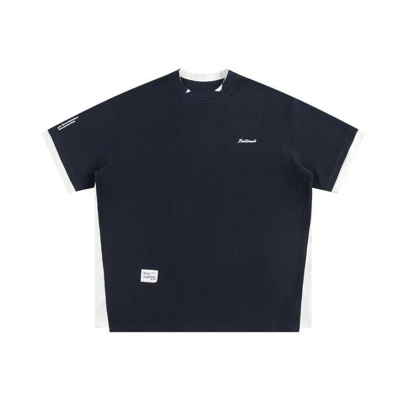 Men's navy blue waffle knit t-shirt with retro alphabet embroidery and loose fit casual design
