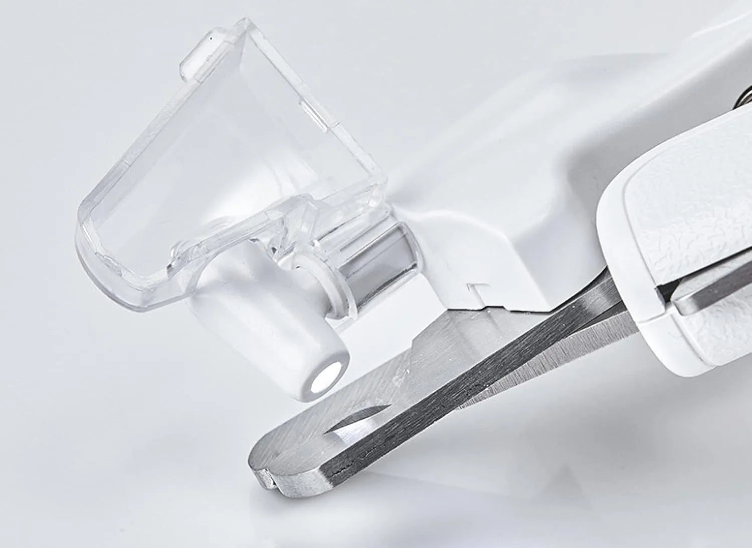 White pet nail clippers with LED light, anti-splash guard, and leather-like handle.