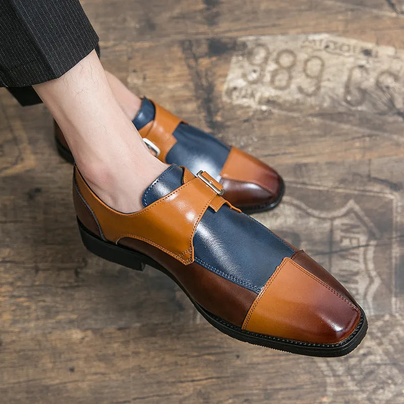 Men's brown blue retro leather shoes with buckle detail and tall crown height
