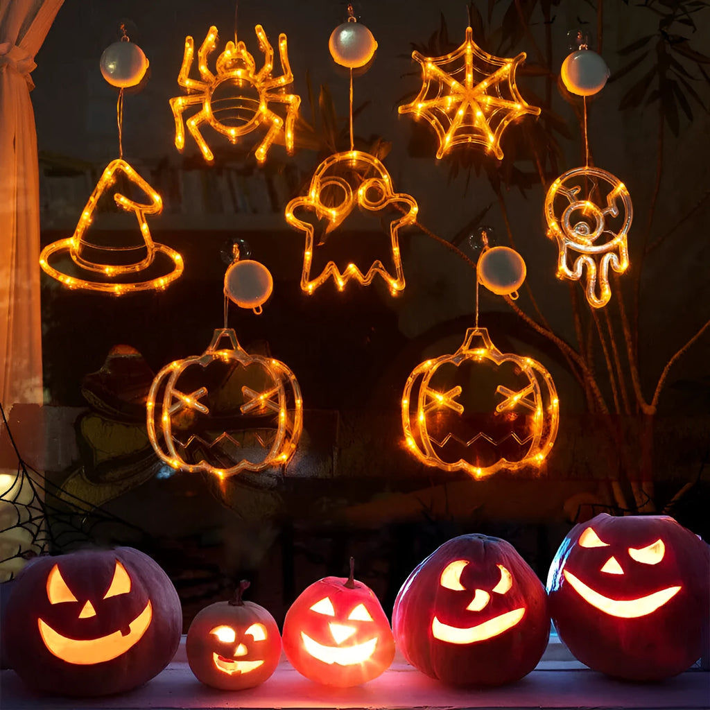 Halloween window hanging LED lights with spider pumpkin ghost designs and suction cup attachment