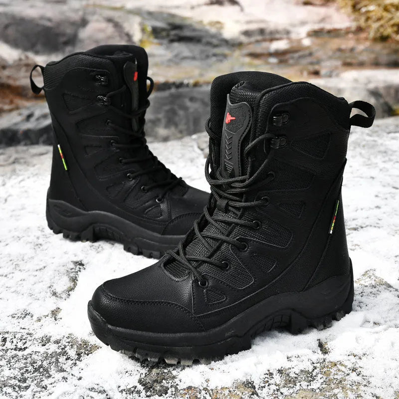 Cowhide leather hi-top hiking shoes in black brown beige colours