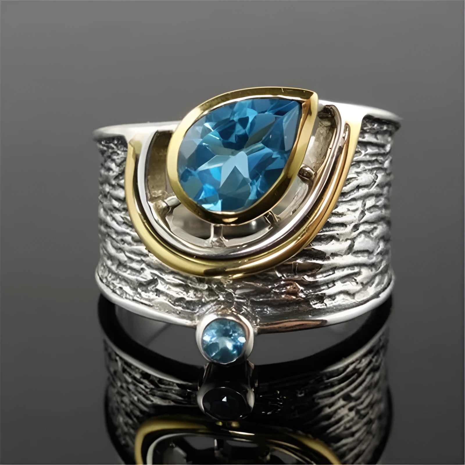 Blue Chinese style alloy ring with inlaid zircon stones in a drop shape, shown in size No.8.