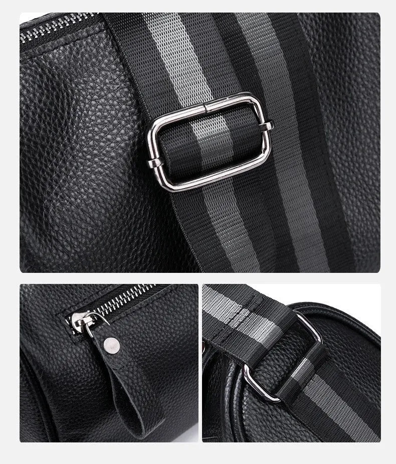 Black genuine leather one-shoulder crossbody bag with polyester lining