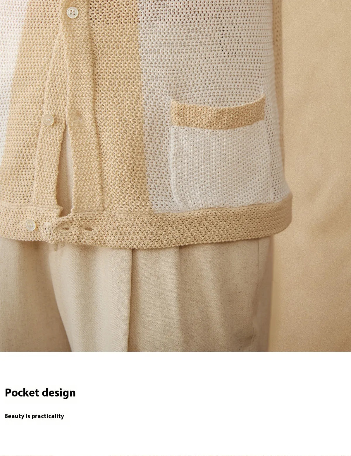 Beige short-sleeved cardigan with lapel collar made from linen and cotton blend fabric