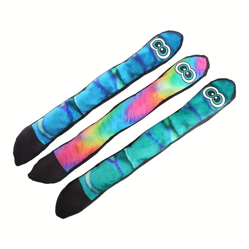 Snake shaped plush dog squeaky toy with blue and green stripe print design